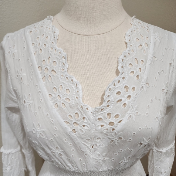Me 2 Magic Anthro Midi Dress Eyelet White Bridal Smocked Tiered size Large - Picture 2 of 14